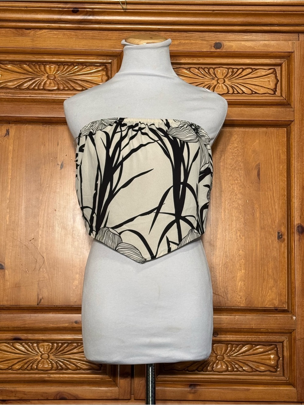 Sienna Sky Black & Cream Strapless Botanical Handkerchief Crop Top